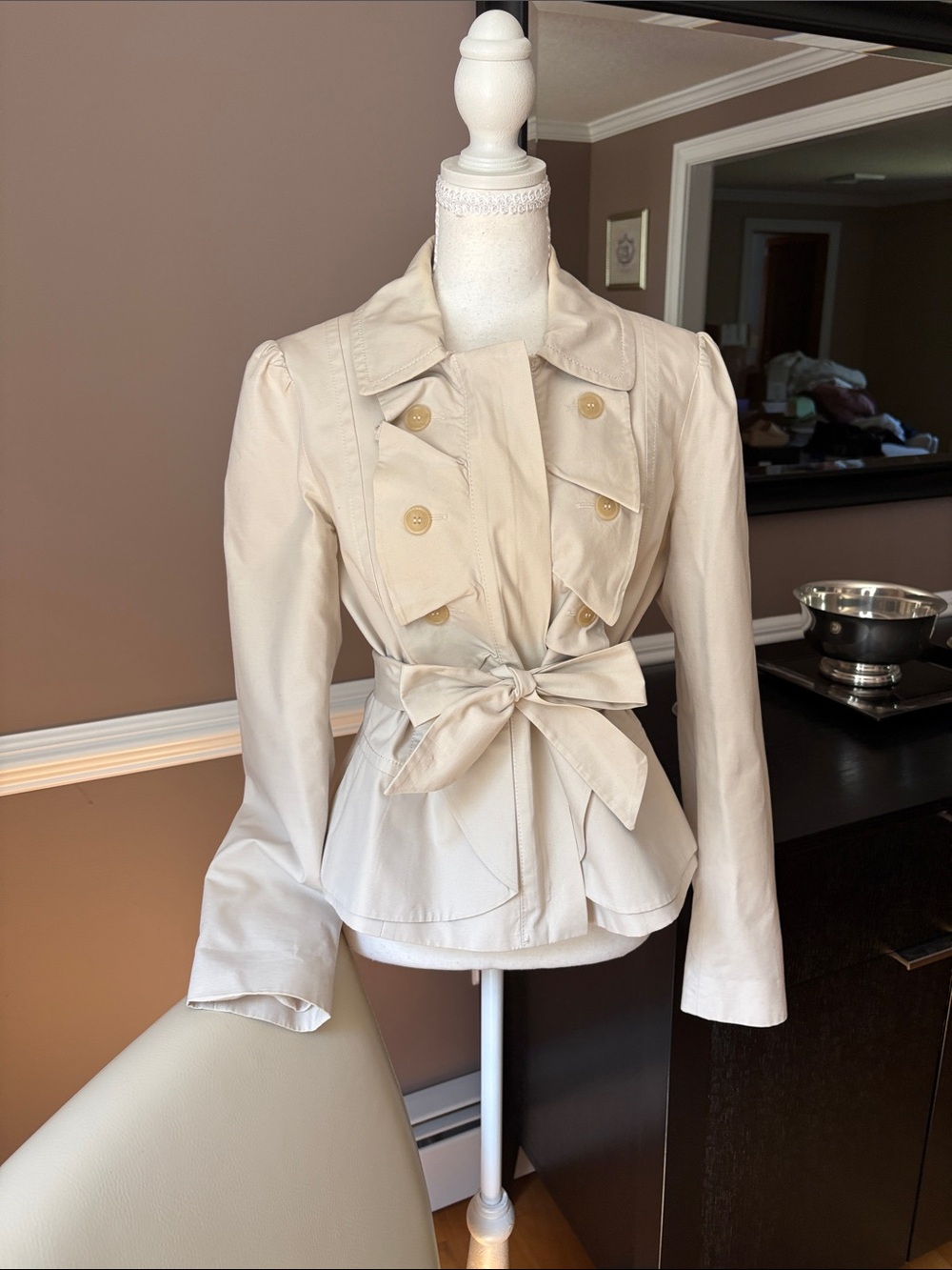 Ann Taylor Cream Tie-Waist Trench Jacket